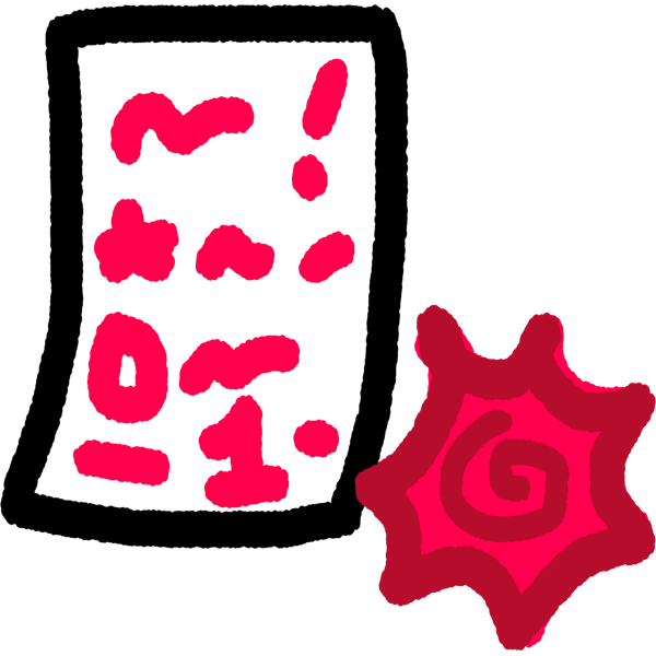 A white piece of paper with red scribbles and a few symbols on it (exclamation mark, circle, number one, and a star/asterisk). Next to the bottom left of the paper is a red explosion like symbol with a swirl in the middle.
